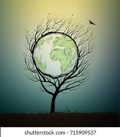 Earth planet map created from the leaves and looks like spring tree growing on soil, green planet eco concept, save the forest on the planet concept, vector