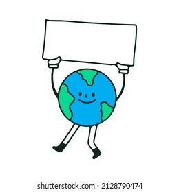Earth planet mascot holding blank paper, illustration for t-shirt, sticker, or apparel merchandise. With retro cartoon style.