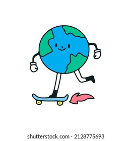 Earth planet mascot play with skateboard, illustration for t-shirt, sticker, or apparel merchandise. With retro cartoon style.