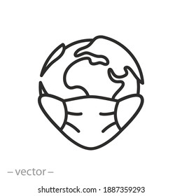 earth planet with medical mask icon, wearing protectant and prevention of health in the world, safety of the globe if covid, editable stroke vector illustration eps 10