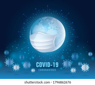 Earth planet with medical mask, Save the world prevent covid19 virus. Coronavirus Covid-19 pandemic outbreak virus design, COVID-19 Prevention concept, Abstract Coronavirus sign with surgical mask