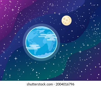 Earth planet and the Moon in cosmic background with shining stars. Vector illustration 
