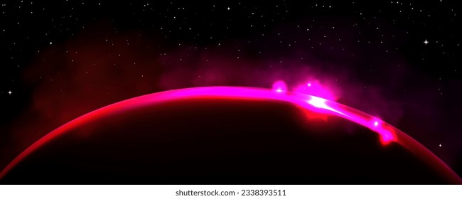 Earth, planet or moon horizon at sunrise or eclipse. Abstract background of dark universe with white stars and pink light ring on planet edge, vector realistic illustration - Powered by Shutterstock - Get 15% off with code: PIKWIZARD15