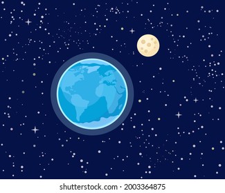 Earth planet and the Moon in night starry sky background. Vector illustration 