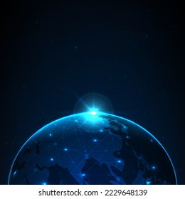 earth planet with network connection and blue light flare in space, vector illustration