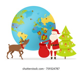 Earth planet and New Year characters isolated on white. Delivery of Christmas present all around world vector illustration. Reindeer helps Santa to prepare gifts for children. Green fir tree is behind
