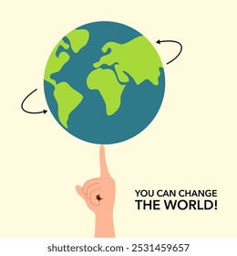 The earth planet on finger in flat design. You can change the world concept.