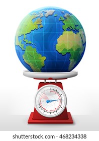 Earth planet on scale pan. Weighing globe with ocean and continents on scales. Vector illustration