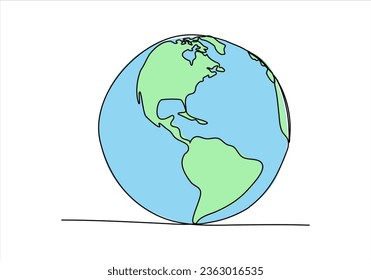 Earth planet one line drawing colored with pastel colors. Vector illustration.