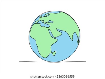 Earth planet one line drawing colored with pastel colors. Vector illustration.