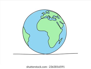 Earth planet one line drawing colored with pastel colors. Vector illustration.