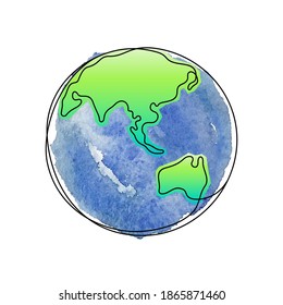Earth Planet one line vector illustration with watercolour background