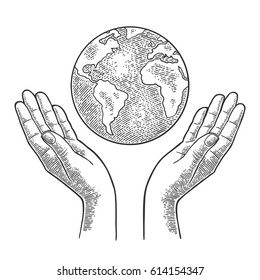 Earth planet in open female human palms. Vector black vintage engraving illustration isolated on a white background. For web, poster, info graphic.