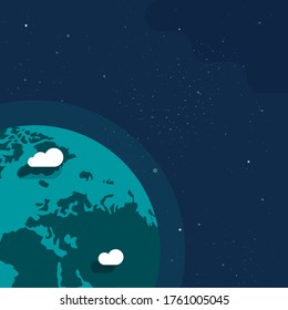 Earth planet from outer space banner for copy space text vector or world globe from universe poster template flat illustration, concept of astronomy cartoon modern design with galaxy