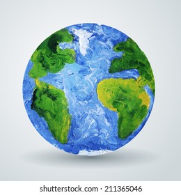 Earth planet painted in oil. Vector illustration. World map. Ecological concept.