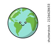 Earth planet for patches, badges, stickers, logos. Cute eco funny cartoon character icon in asian japanese kawaii style. Vector ecology doodles of Earth planet, World Earth day.