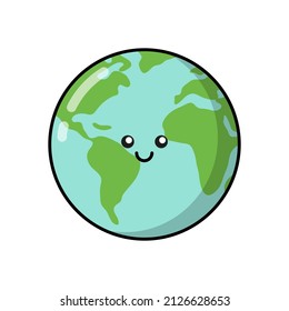 Earth planet for patches, badges, stickers, logos. Cute eco funny cartoon character icon in asian japanese kawaii style. Vector ecology doodles of Earth planet, World Earth day.