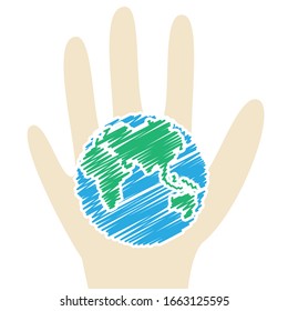 Earth planet picture in a child's hand isolated on a white background, vector stock illustration