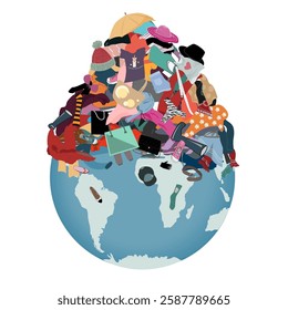 Earth planet with a Pile of Useless, Old, Cheap, and Oumoded Cothes on it. Clothes recycle and environment issues concept. Vector isolated illustration.