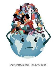 Earth planet with a Pile of Useless, Old, Cheap, and Unneeded Clothes on it. Unhappy Earth face. Clothes recycle and environment issues concept. Vector isolated illustration.