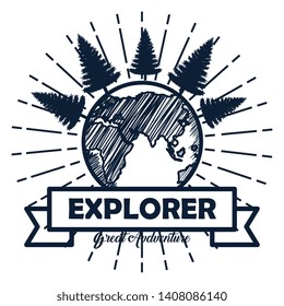 earth planet with pines trees and ribbon to wanderlust explorer