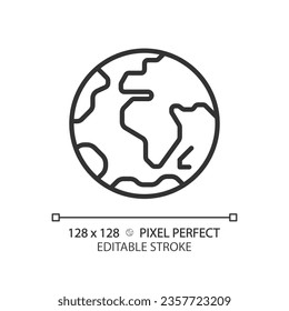 Earth planet pixel perfect linear icon. Environmental science. Natural resources. Climate change. World travel. Thin line illustration. Contour symbol. Vector outline drawing. Editable stroke