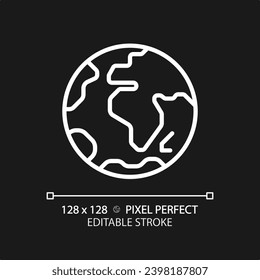 Earth planet pixel perfect white linear icon for dark theme. Environmental science. Natural resources. Climate change. Thin line illustration. Isolated symbol for night mode. Editable stroke