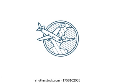 Earth Planet. Plane trip around the world isometric icon. 3d vector illustration. Isolated line art technical drawing. Editable stroke