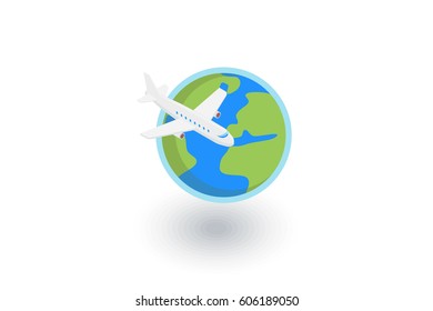 Earth Planet. Plane trip around the world isometric flat icon. 3d vector colorful illustration. Pictogram isolated on white background