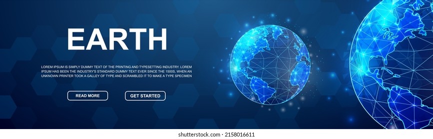 Earth planet polygonal horizontal banner. Space low poly symbol for head promotion banner. World map design template illustration concept.