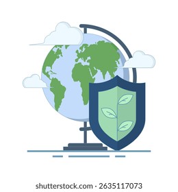 Earth planet protection concept. Earth Globe with Shield. Protect Ecology and nature. Care for the earth, environmental protection sign. Design elements for banners, posters, web, infographics.	