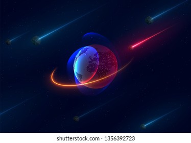 Earth planet realistic 3D, abstract background with comets and asteroids.