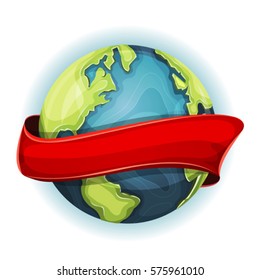 Earth Planet With Ribbon/
Illustration of a cartoon design earth planet globe icon, with red ribbon spinning around