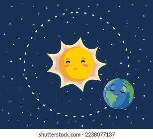 
Earth Planet Rotation Around the Sun Vector Cartoon Illustration. Happy funny star and planet mascots in movement
