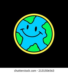 Earth planet with smile emoji, illustration for t-shirt, sticker, or apparel merchandise. With doodle, retro, and cartoon style.