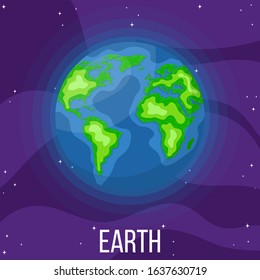 Earth planet in space. Colorful universe with earth. Cartoon style vector illustration for any design.