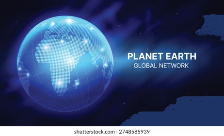 Earth Planet in Space with Digital Dotted Globe and Global Network Lights. Futuristic World Map Cosmos Background Vector Illustration