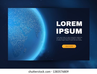 Earth Planet in Space with Lights. Realistic Universe. Cosmos Background. Landing Page. Vector illustration