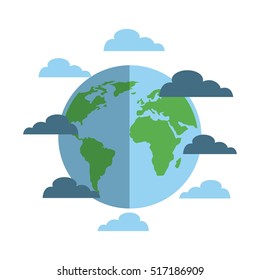 earth planet sphere and blue clouds over white background. vector illustration
