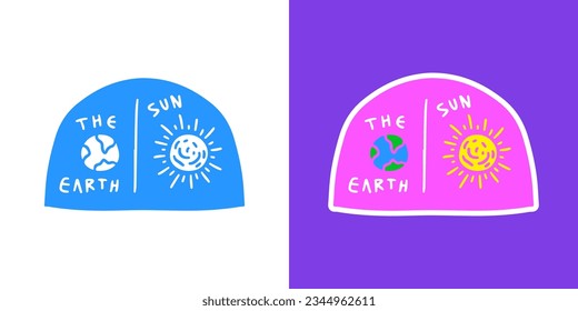 Earth planet and sun emblem, illustration for t-shirt, sticker, or apparel merchandise. With doodle, retro, groovy, and cartoon style.