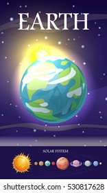 Earth planet. Third planet from Sun, densest and largest of Solar Systems four terrestrial planets, and only astronomical object known to harbor life. Outer space, galaxy and earth. Universe. Vector