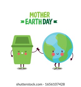 earth planet and trash bin characters holding hands. vector illustration