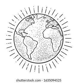 Earth planet. Vector black vintage engraving illustration isolated on a white background. For web, poster, info graphic.