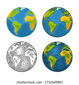 Earth planet. Vector color flat and engraving illustration isolated on a white background. For web, poster, info graphic