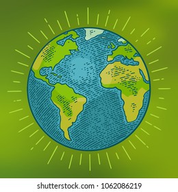 Earth planet. Vector color vintage illustration isolated on a green mesh gradient background. For web, square poster, info graphic.