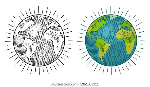 Earth planet. Vector color vintage engraving illustration isolated on a white background. For web, poster, info graphic.