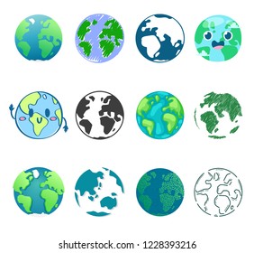 Earth planet vector global world universe and worldwide earthly universal globe illustration worldly set of earthed sphere logo with continents and ocean isolated on white background