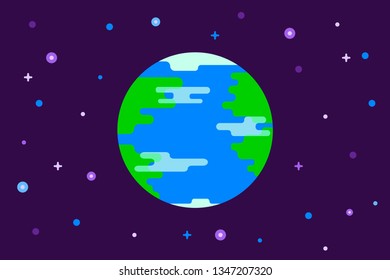 Earth planet vector illustration. Flat style blue planet and galaxy stars in space. Special for Earth Day. Perfect for cards and posters.