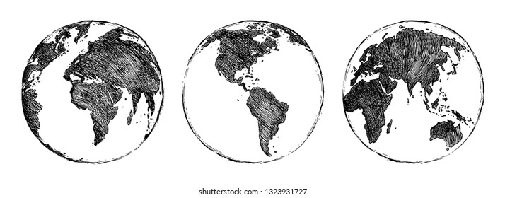Earth planet vector sketch illustration isolated on white background. Hand drawn doodle globe set.