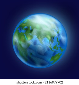 Earth planet vector world globe, realistic blue sphere icon, space 3D illustration, green continent, ocean. Geography environment clipart, ecology nature poster, clouds. Earth planet ball cosmos view